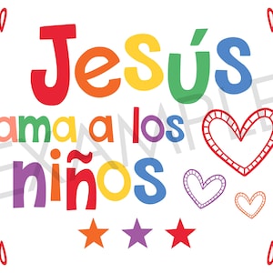 May include: A colorful illustration with the text "Jesus ama a los ni&ntilde;os" which translates to "Jesus loves children" in English. The illustration features a rainbow color scheme with hearts and stars.