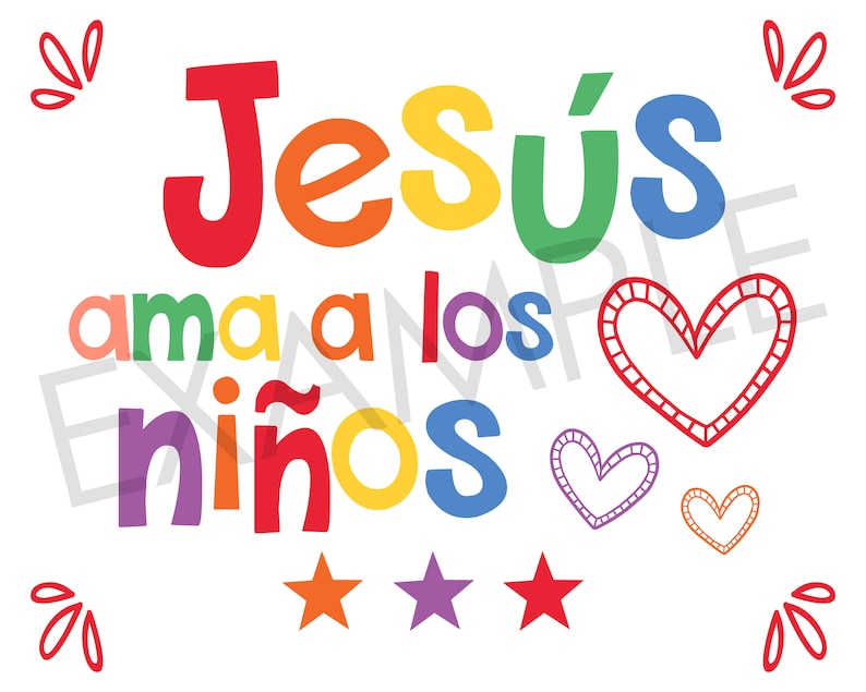 May include: A colorful illustration with the text "Jesus ama a los ni&ntilde;os" which translates to "Jesus loves children" in English. The illustration features a rainbow color scheme with hearts and stars.