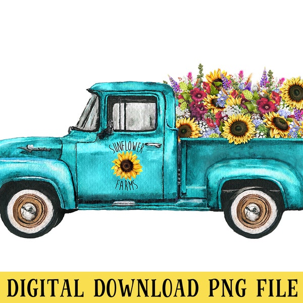 Vintage Blue Truck, Sunflowers, Watercolor, Turquoise Blue, PNG File, Crafting, Sublimation, INSTANT DOWNLOAD