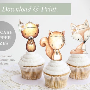 Woodland Digital Cupcake Topper Woodland Printable Cup Cake Toppers Girl Baby Shower Decor Animals DIY Digital Cut Outs 2 Inch Single Sided