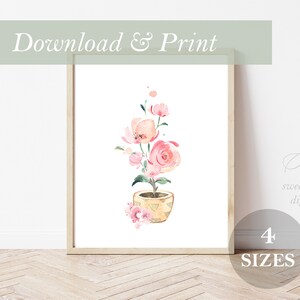 Puede incluir: Una pintura de acuarela de un ramo de flores rosas en una maceta de terracota. Las flores son en tonos de rosa y blanco, con hojas verdes. La maceta es de color marrón claro.