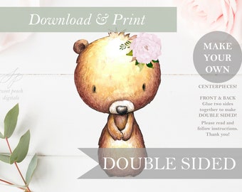 Bear Woodland Baby Shower Table Decoration Party Decor Double Sided Forest Woods Cut Out Printable Girl Nursery Centerpiece DIY Digital Art