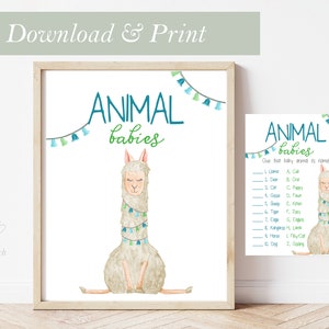 Cartão de jogo para chá de bebê, lhama, animais imprimíveis, alpaca, pronto para imprimir, nome de menino e menina, borla de bebê, boho, deserto, jogos de borla, azul