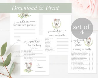 BUNDLE Koala Spiele Australische Baby Shower Karte Mädchen Druck Australien Tier Koala Bär Party Printable Beratung für Eltern Guess Who WIshes
