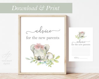 Koala Baby Shower Spiel Ratschläge für Eltern Karte Mädchen Druck Australier Australien Tier Koala Bär Dekoration Dekor Party Printable Safari Zoo