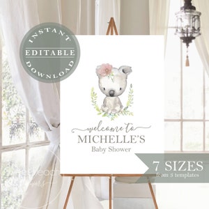 Koala Welcome Sign Baby Shower Birthday Signage Editable Template Digital DIY You Edit Austrlian Animals Australia Theme Idea Party Decor