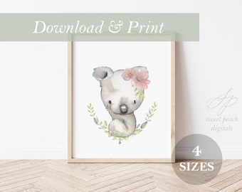 Koala Bear Nursery Decor Australian Wall Art Printable Digital Prints Safari Zoo Australia Wild Animals Jungle Girl Watercolor Floral Flower