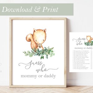 Jeux des bois devinez qui carte baby shower fille impression forêt animal faon renard écureuil fête imprimable jeu Woodland décor décoration bestioles