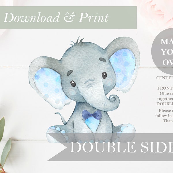 Safari Elephant Baby Shower Decor Double Sided Bow Tie Digital Boy Cut Out Printable Stand Up Nursery Centerpieces DIY Digitals Art Blue