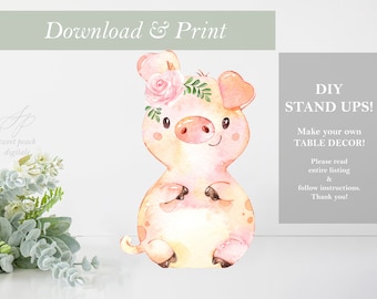 Flower Pig Digital Stand Up Cut Out Printable Farm Animal Theme Floral Pink Rose Girl Baby Shower Decor Centerpieces DIY Birthday Nursery