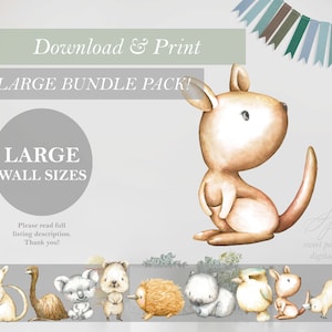 May include: Watercolor illustration featuring a kangaroo and other Australian animals. The image includes text that reads "Download & Print" and "LARGE BUNDLE PACK!" in a soft, neutral color palette. The artwork is suitable for wall art.