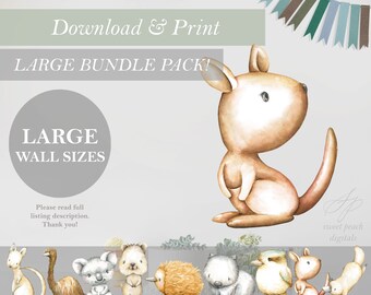 Op de afbeelding: Waterverfillustratie met een kangoeroe en andere Australische dieren. De afbeelding bevat de tekst "Download & Print" en "LARGE BUNDLE PACK!" in een zacht, neutraal kleurenpalet. Het kunstwerk is geschikt voor wandkunst.