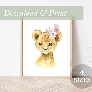 Boho Lion Cub Nursery Decor Wall Art Printable Digital Prints Safari Zoo Africa Wild Animals Jungle Girl Watercolor 16x20 11x14 8x10 5x7 Art