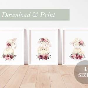 Lamb Sheep Set Nursery Decor Wall Art Printable Digital Prints Girl Watercolor Florals Flower DIY Gift Christian Nursery Maroon Blush Farm