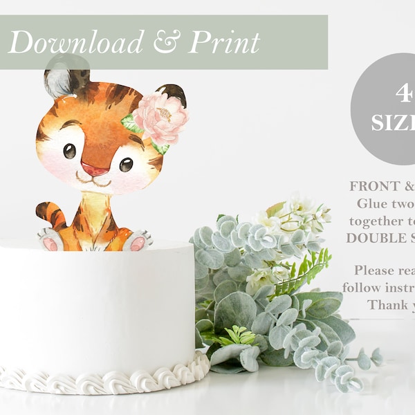 Tiger Topper Safari Jungle Flower Double Sided Cut Out Printable Birthday Cake Baby Shower Decor Nursery Centerpieces DIY Digital File Art