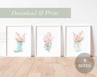 Floral Kinderzimmer Dekor Mädchen Blume Wand Kunst druckbare Digitaldruck Mädchen Aquarell DIY Geschenk Regen Stiefel Gummistiefel Regen Stiefel Abdruck Regenbogen