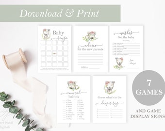 Koala Baby Shower Spiel BUNDLE Australische Baby Shower Karte Mädchen Druck Australien Tier Koala Bär Party druckbare Ratschläge Wünsche Bingo Essen