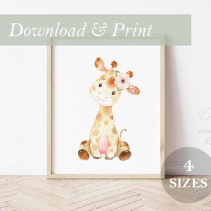 Giraffe Nursery Decor Daisy Wall Art Printable Digital Prints Safari Zoo Animals Jungle Elephants Girl Watercolor 16x20 11x14 8x10 5x7 Sizes