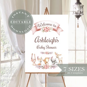 Woodland Welcome Sign Baby Shower Birthday Signage Editable Template Digital DIY You Edit Forest Animals Woods Squirrel Fox Theme Idea Party