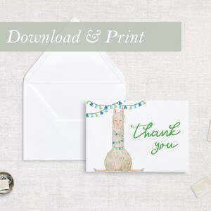 Cartes de remerciement lama alpaga baby shower fête d'anniversaire animal alpaga prêt à imprimer garçon pompon Boho désert pompon bleu carte de remerciement