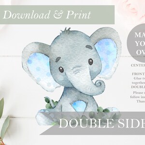 Safari Elefant-Baby-Dusche-Dekor Doppelseitig Greenery Digital Boy Ausgeschnitten Printable Stand Up Nursery Mittelstücke DIY Digitals Art Blue