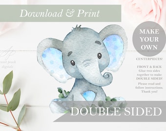 Safari Elephant Baby Shower Decor Double Sided Greenery Digital Boy Cut Out Printable Stand Up Nursery Centerpieces DIY Digitals Art Blue