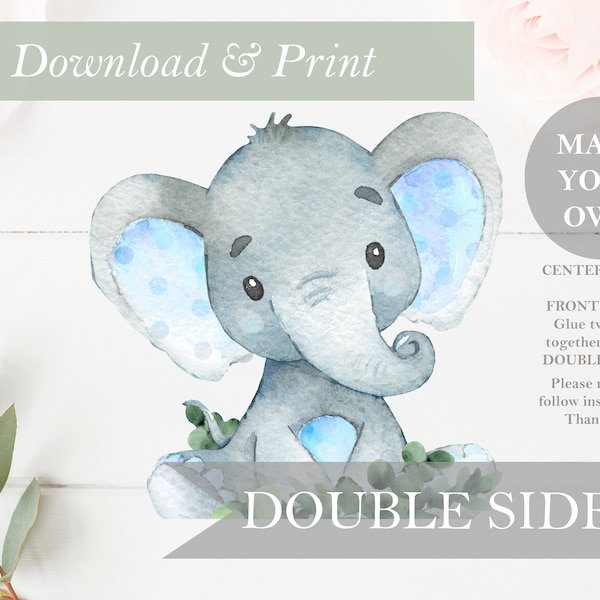 Safari Elephant Baby Shower Decor Double Sided Greenery Digital Boy Cut Out Printable Stand Up Nursery Centerpieces DIY Digitals Art Blue