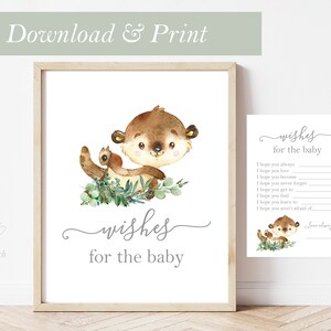 Otter Woodland Game Wensen voor babyshower Kaart Meisje Print Bos Animal Party Afdrukbaar Woodland Game Decor Decoratie Otters Woods Boom