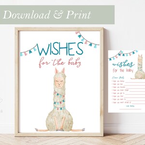 Op de afbeelding: Afdrukbare baby shower-spelkaart met een aquarel-illustratie van een lama die een guirlande van roze en blauwe kwastjes draagt. De kaart zegt "wensen voor de baby" en bevat een lijst met wensen voor de baby.