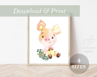 Pig Rabbit Nursery Decor Wall Art Printable Digital Print Boy Girl Watercolor DIY Gift Piglet Piggie Farming Farmer Barn Outdoor Farm Theme