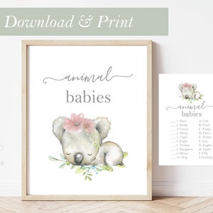 Koala Baby Shower Game Animal Babies Name Card Girl Print Australian Australia Animal Koala Bear Decoration Decor Party Printable Safari Zoo