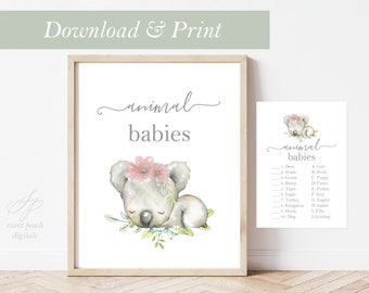 Koala Baby Shower Spiel Tier Babys Name Karte Mädchen Druck Australier Australien Tier Koala Bär Dekoration Dekor Party Printable Safari Zoo