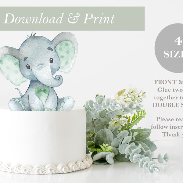 DOUBLE SIDED Toppers Green Elephant Cut Out Bow Tie Printable Safari Birthday Cake Baby Shower Decor Nursery Centerpieces DIY Digital File