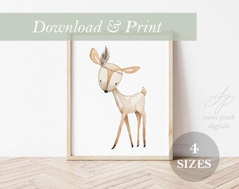 Wald Reh Rehkitz Kinderzimmer Dekor Wand Kunst Rehkitz druckbare digitale Drucke Waldtiere Mädchen Wald Aquarell Feder Boho Dekoration Zimmer