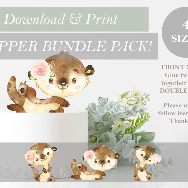 BUNDLE Otter Cake Topper 4 Sizes Woodland Girl Forest Print and Cut Out Printable Birthday Baby Shower Decor Centerpieces DIY Digital File