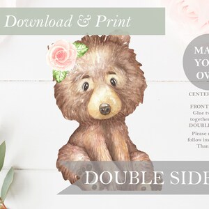 Bear Woodland Baby Shower Table Decoration Party Decor Double Sided Flower Girl Cut Out Printable Girl Nursery Centerpiece DIY Digital Stand