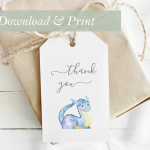 Dragon Favor Tag cadeaukaartje bedankt verjaardag babyshower digitale afdrukbare decor gast partij gunst draak thema fantasie sprookje sprookje