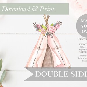 DOUBLE SIDED Pink Teepee Cut Out Printable Stand Up Woodland Girl Baby Shower Decor Nursery Forest Boho Centerpieces DIY Digital Cut Outs