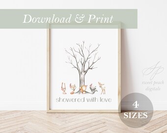 Libro degli ospiti Albero di impronte digitali alternativo nel bosco Baby Shower Girl Libro degli ospiti stampabile digitale Decorazione della parete per la scuola materna Baby Forest Woods Fox