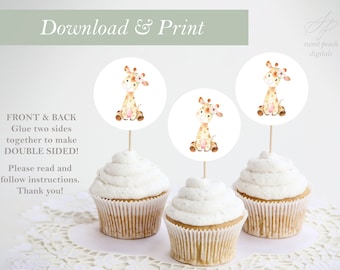 Jirafa Cupcake Topper Digital imprimible taza pastel decoración bebé ducha decoración animales DIY cortes digitales 2 pulgadas Safari Jungle Zoo Art
