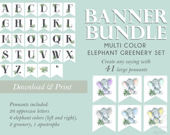 Regenbogen Elefant Banner Safari Baby Dusche Dschungel Party Geburtstag Tier Printable Kinderzimmer Dekor DIY Digital PDF Alphabet Buchstaben Zoo Thema