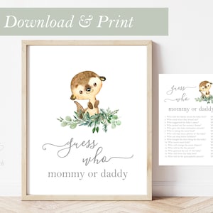 Jeu de devinettes des bois loutre carte baby shower fille impression fête animaux de la forêt imprimable jeu maman ou papa décoration loutres bois arbre