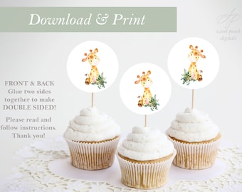 Decorazione per cupcake, giraffa, stampa digitale, decorazione per torta, baby shower, ritagli fai da te, cerchio da 2 pollici, Safari nella giungla, zoo, arte per ragazzo o ragazza