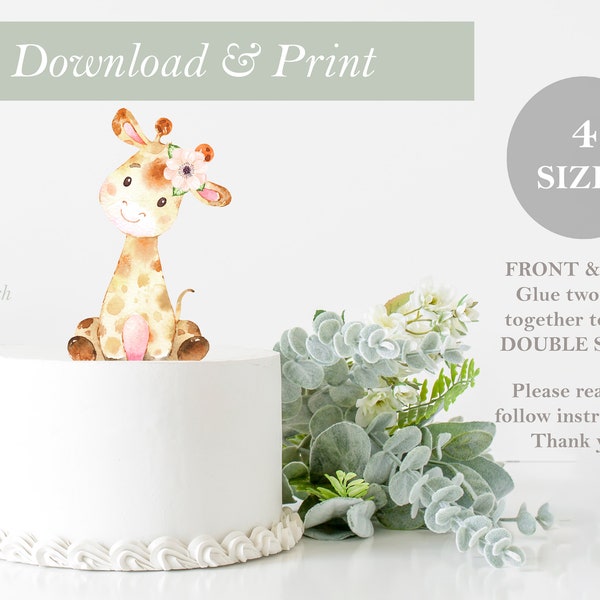 Giraffe Topper DOUBLE SIDED Printable Pink Flower Cut Out Safari Birthday Cake Baby Shower Decor Nursery Centerpieces DIY Digital File Art