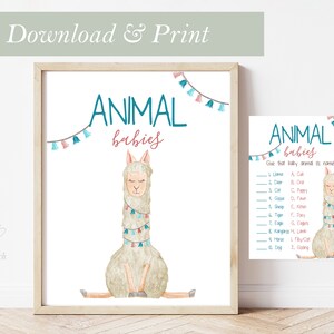 Tarjeta de juego de ducha de bebé de Llama imprimible Animal Bebés Alpaca Listo para imprimir Niño Niña Nombre ese bebé Borla Boho Desierto Juegos de borla Llama
