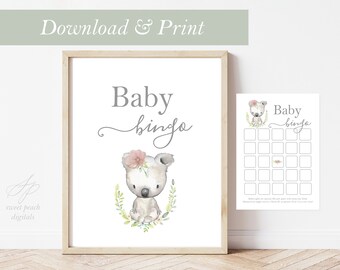 Koala Baby Shower Spiel Baby Bingo Karte Präsent Mädchen Druck Australier Australien Tier Koala Bär Dekoration Dekor Party Printable Safari Zoo