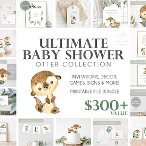 Otter Digital Bundle Baby Shower Forest Woodland Gender Neutral Boy Girl Invitation Decor Thank Tag Digital Printable Adobe DIY Party Cake