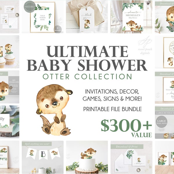 Otter Digital Bundle Baby Shower Forest Woodland Gender Neutral Boy Girl Invitation Decor Thank Tag Digital Printable Adobe DIY Party Cake