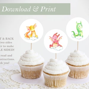 Dragon Cupcake Topper Digital Printable Cup Cake Decoration Birthday Baby Shower Decor DIY Digital Cut Outs 2 Inches Double Sided Circle