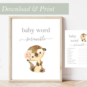 Puede incluir: Juego de baby shower imprimible con una ilustración de una nutria. El juego se llama "Baby Word Scramble" e incluye una lista de palabras relacionadas con bebés para descifrar.